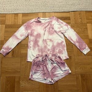 Tie-Dye Lounge Set - Pink and White Long Sleeve Top with Shorts